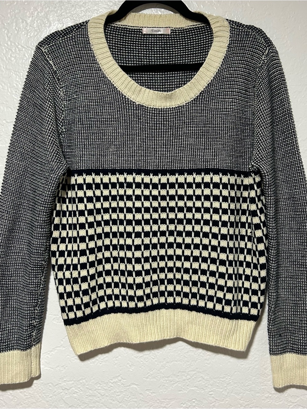 Timing Black and Cream Checkerboard Crew Neck Sweater